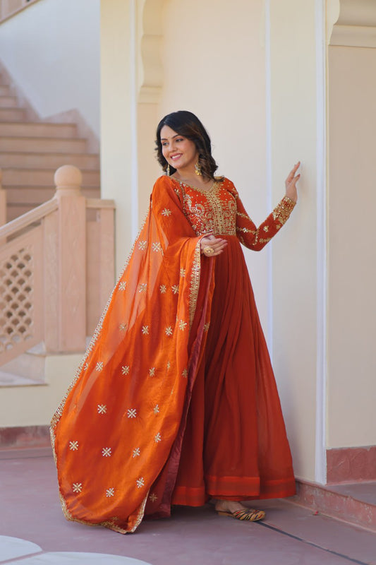 Function Wear Embroidered Work Orange Color Gown