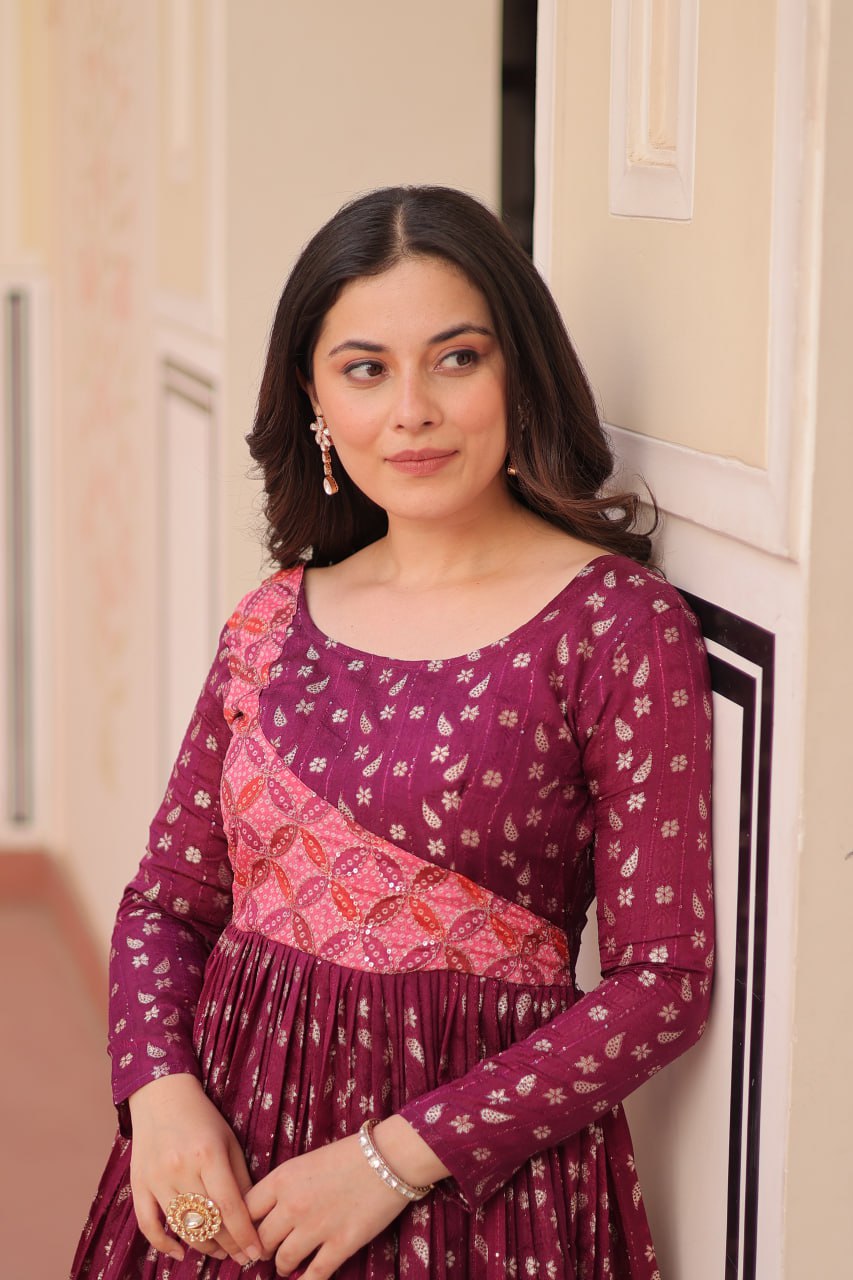 Function Wear Printed Wine Color Flair Gown