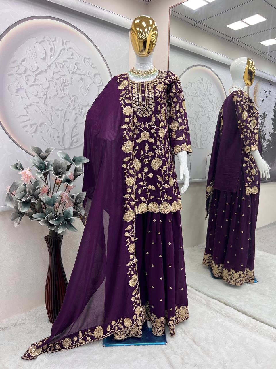 Preferable Heavy Work Purple Color Sharara Suit