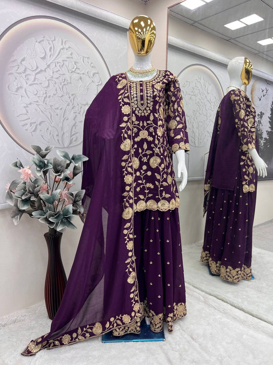 Preferable Heavy Work Purple Color Sharara Suit