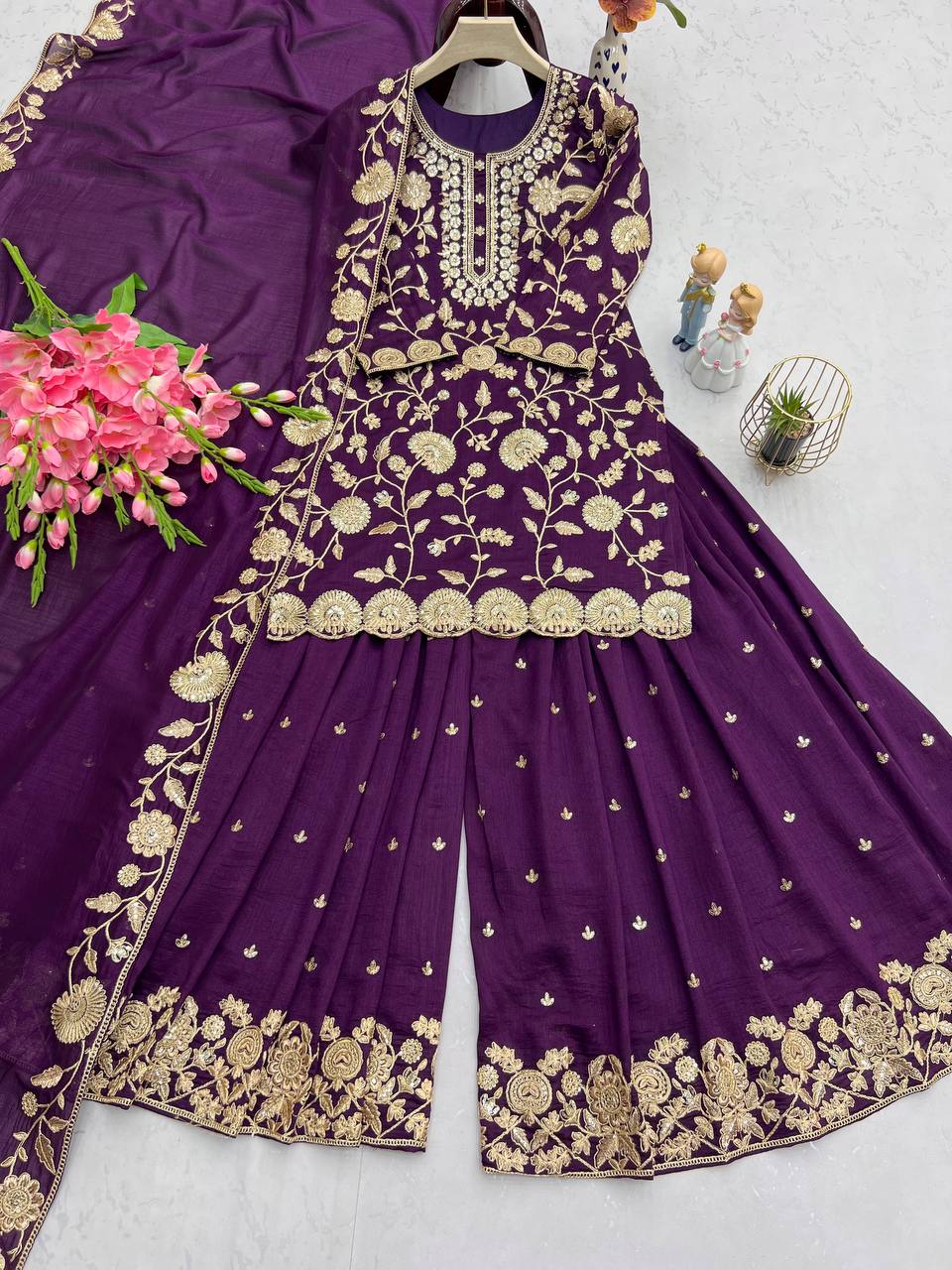 Preferable Heavy Work Purple Color Sharara Suit