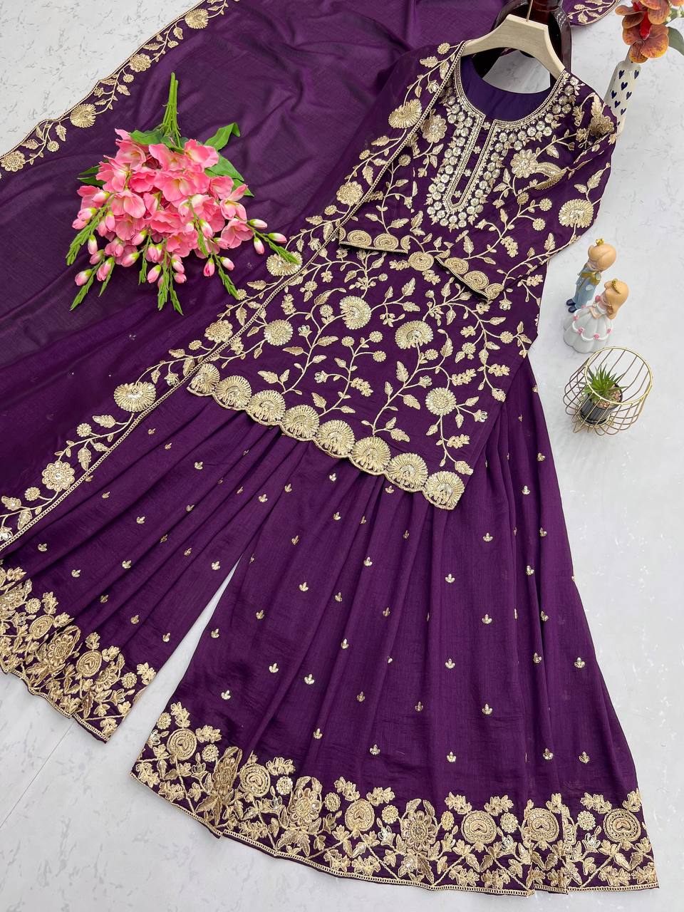 Preferable Heavy Work Purple Color Sharara Suit