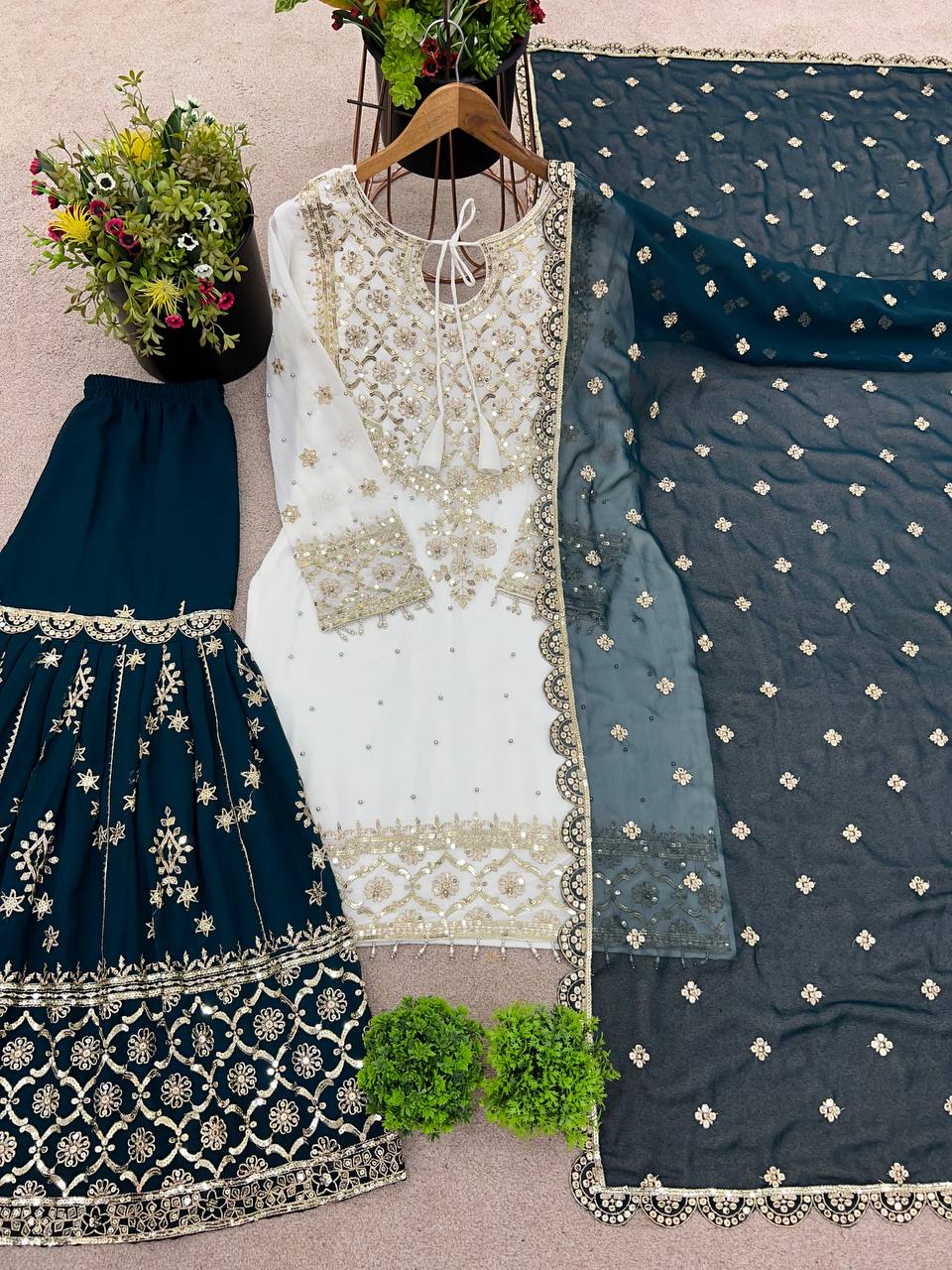 Fabulous Heavy Work White Color Suit Teal Blue Sharara