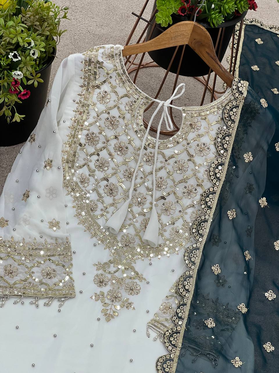 Fabulous Heavy Work White Color Suit Teal Blue Sharara