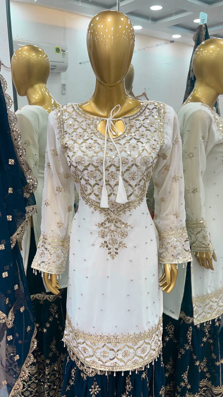 Fabulous Heavy Work White Color Suit Teal Blue Sharara