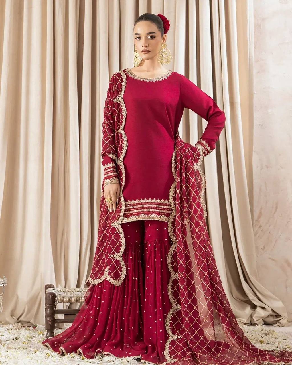 Fantastic Heavy Work Maroon Color Sharara Suit