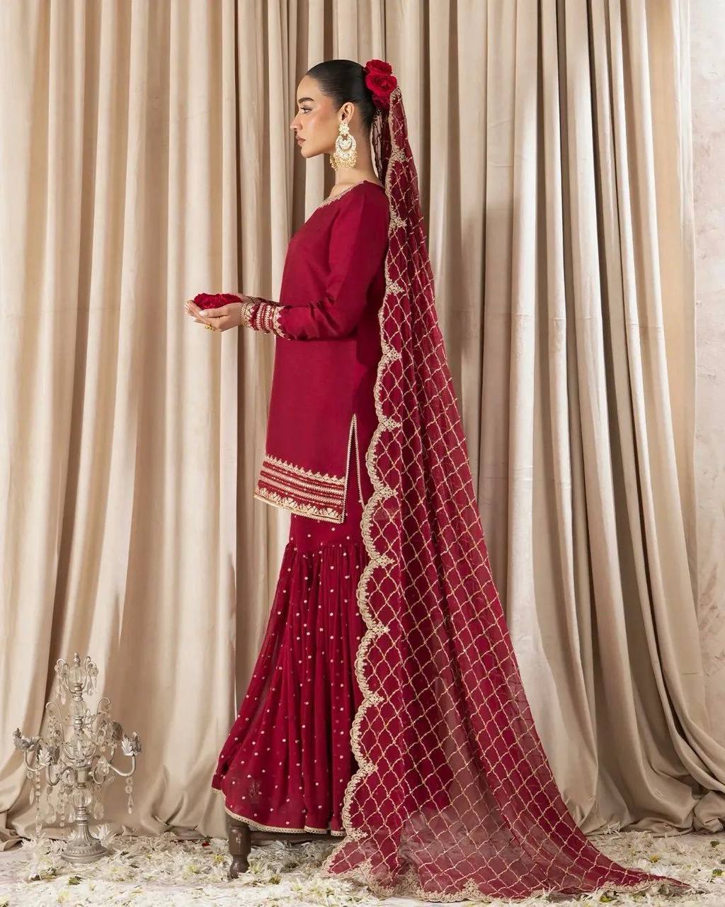 Fantastic Heavy Work Maroon Color Sharara Suit