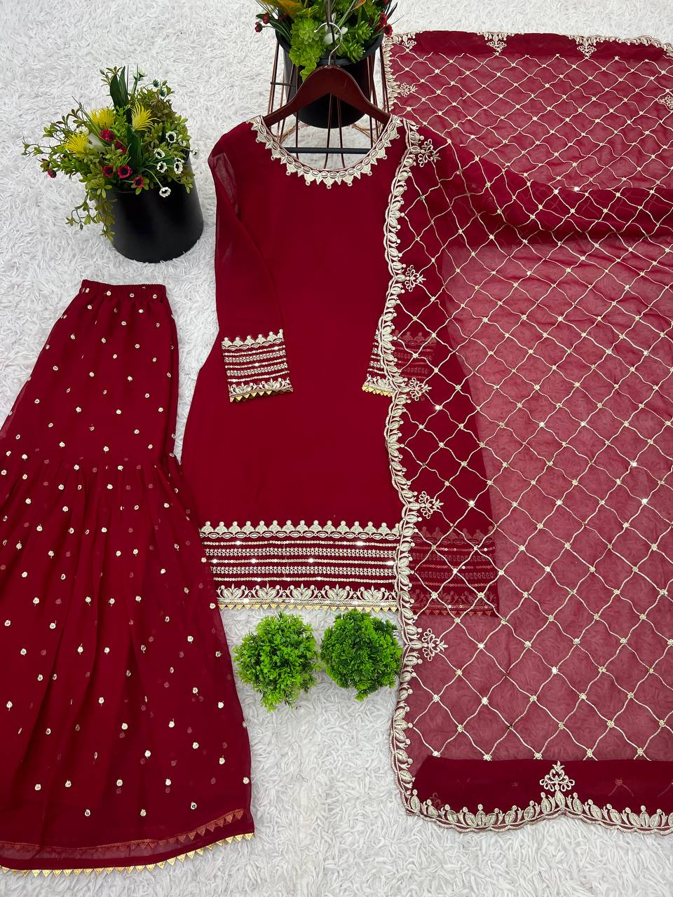 Fantastic Heavy Work Maroon Color Sharara Suit