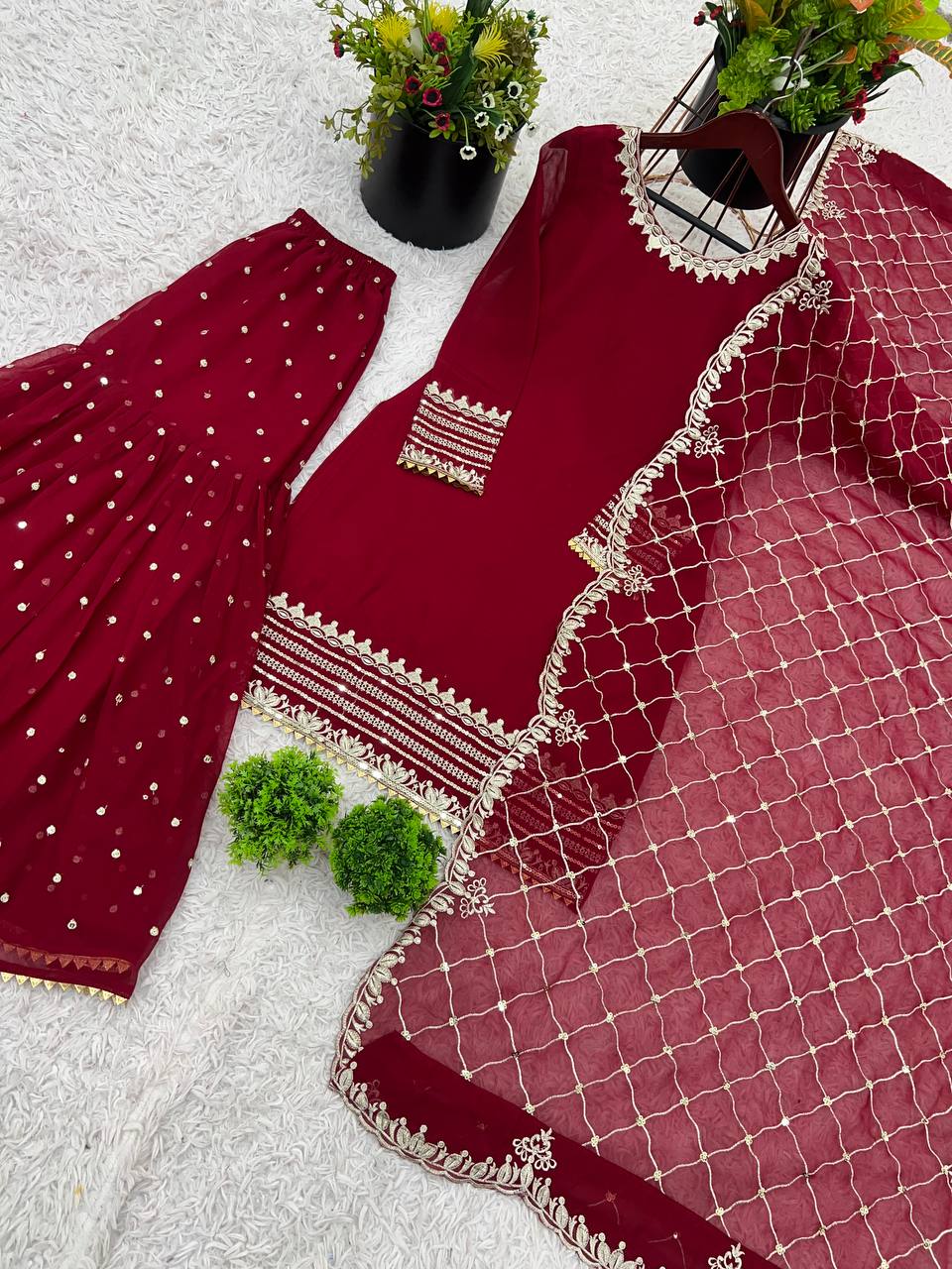Fantastic Heavy Work Maroon Color Sharara Suit