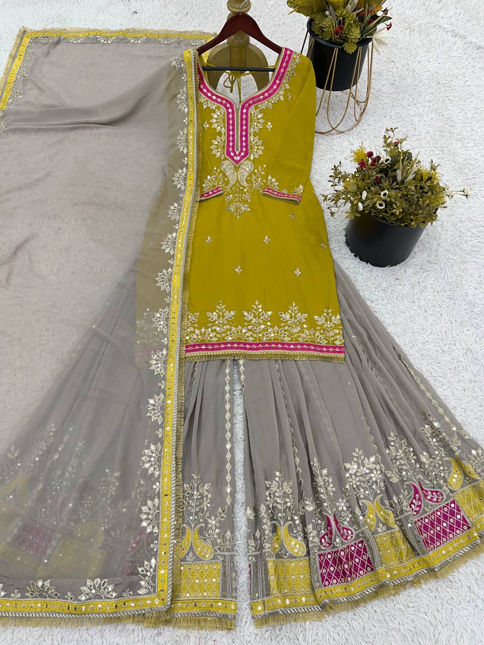 Awesome Sequence Work Mustard Color Sharara Suit