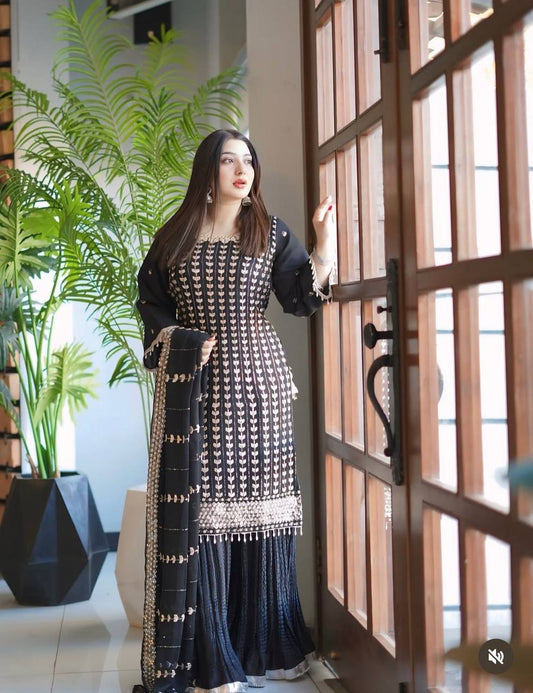 Captivating  Sequence Work Black Color Sharara Suit