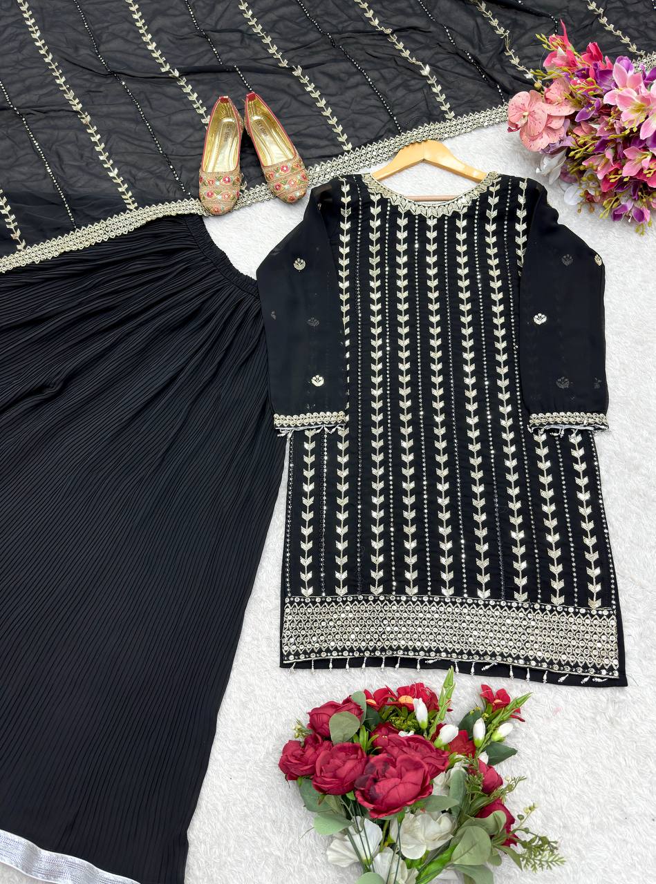 Captivating  Sequence Work Black Color Sharara Suit