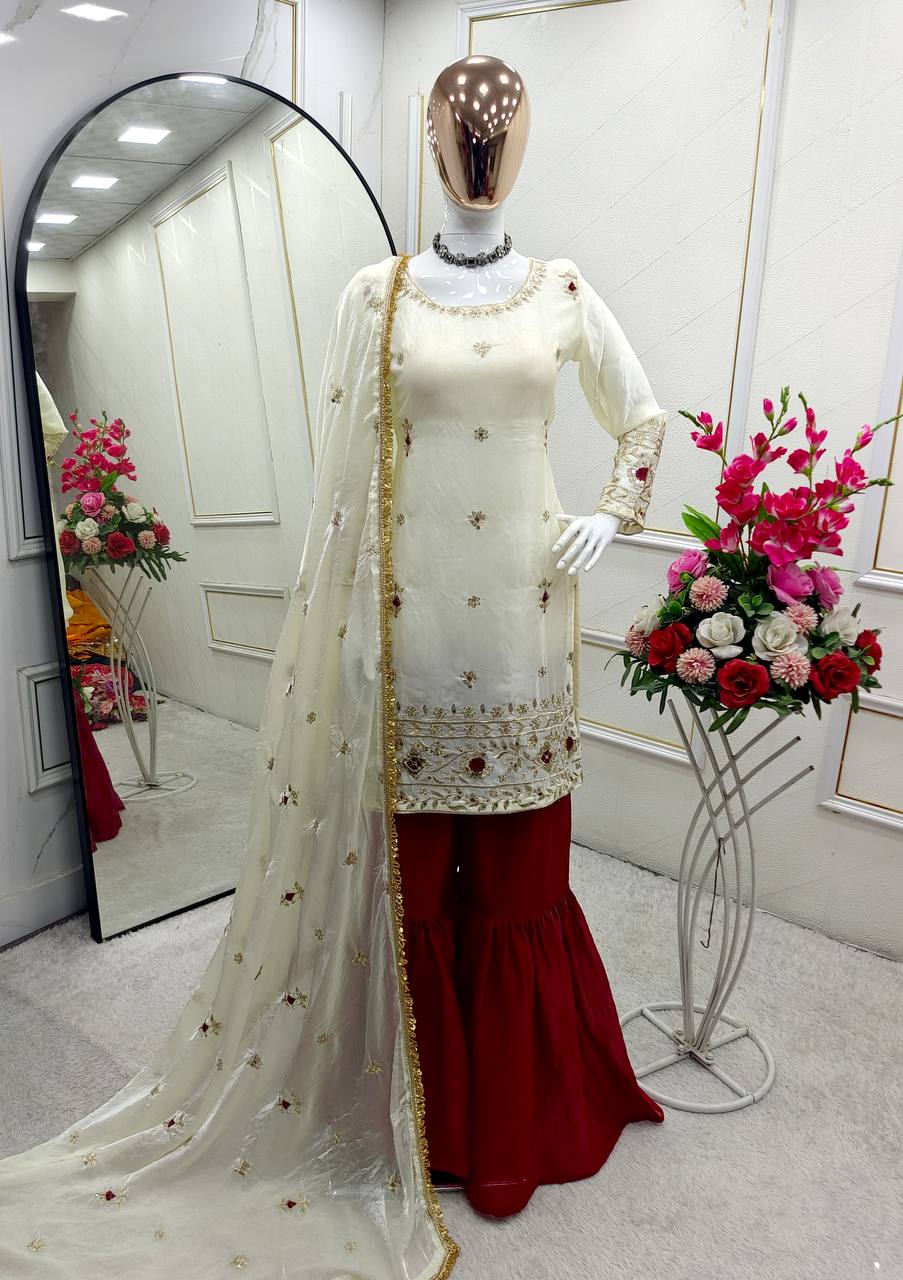 Function Wear Sequence Work White Color Sharara Suit