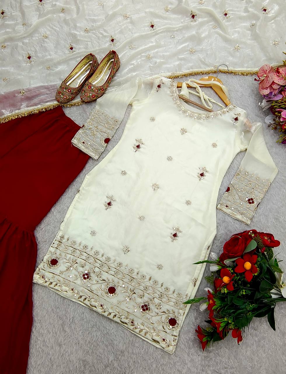 Function Wear Sequence Work White Color Sharara Suit