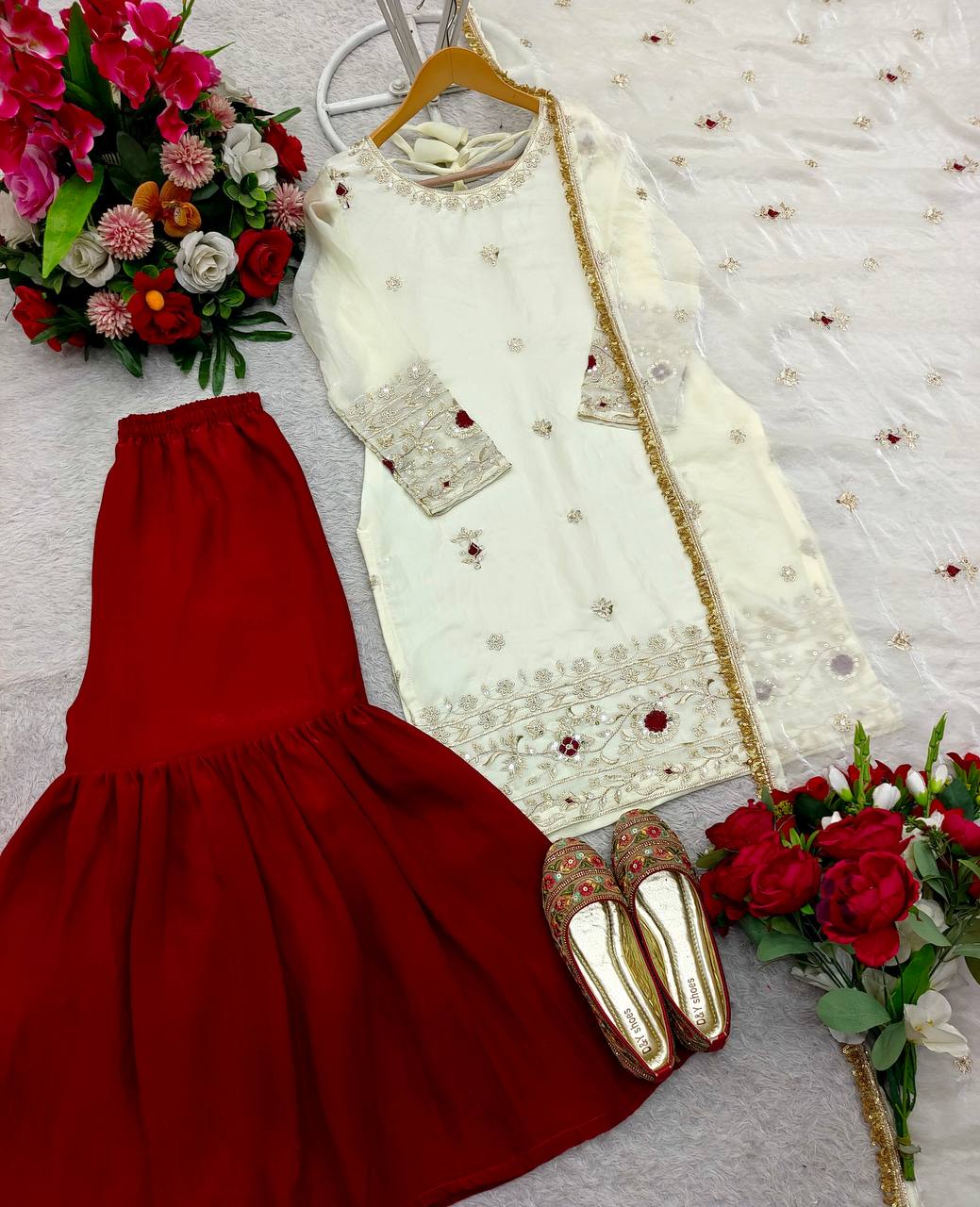 Function Wear Sequence Work White Color Sharara Suit