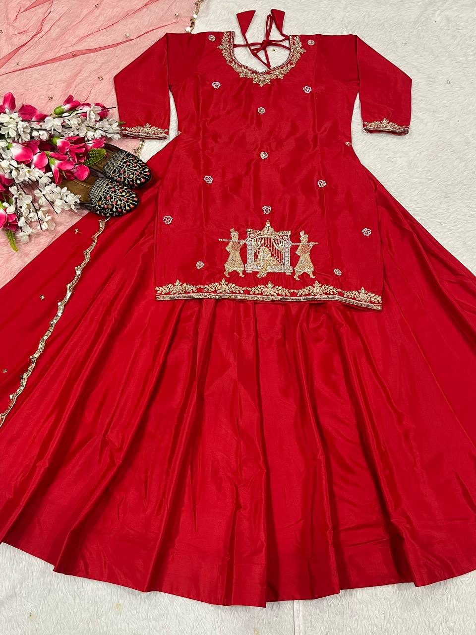 Elegant Embroidery Work Red Color Top With Lehenga Choli