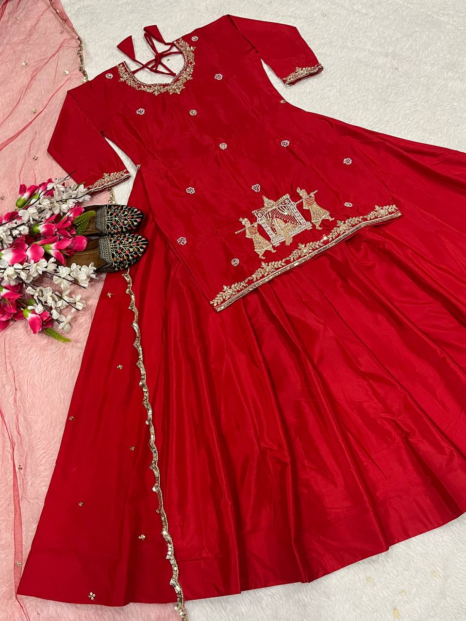 Elegant Embroidery Work Red Color Top With Lehenga Choli