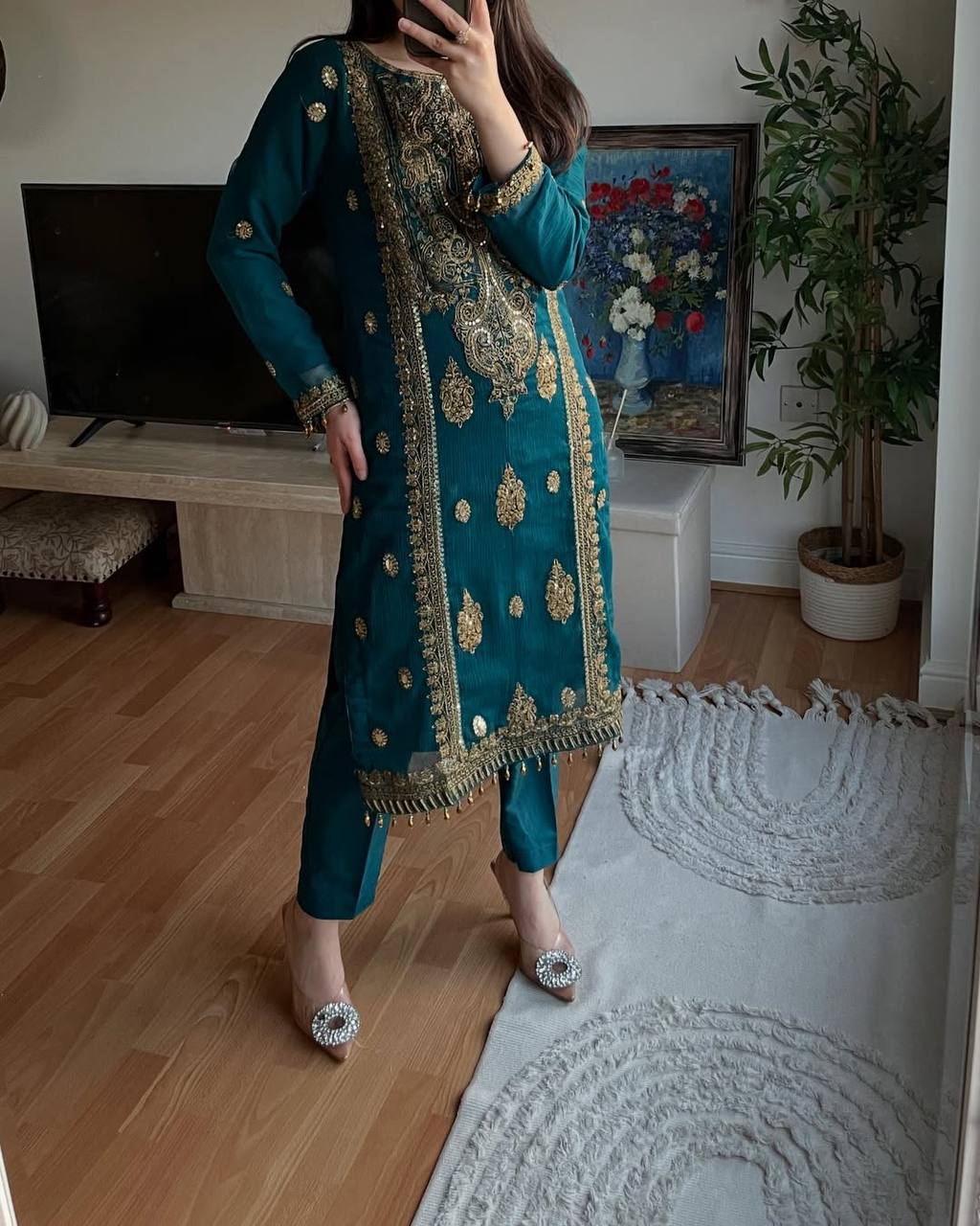 Attractive Heavy Work Teal Blue Color Salwar Suit