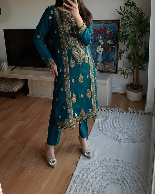 Attractive Heavy Work Teal Blue Color Salwar Suit