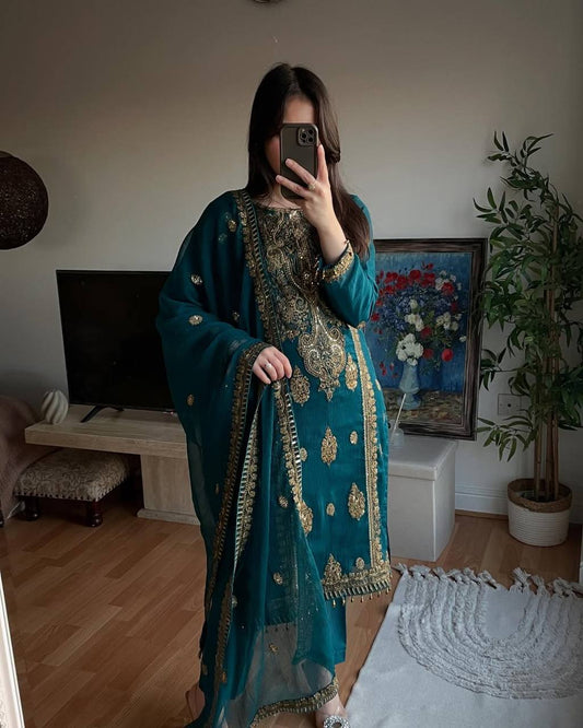 Attractive Heavy Work Teal Blue Color Salwar Suit