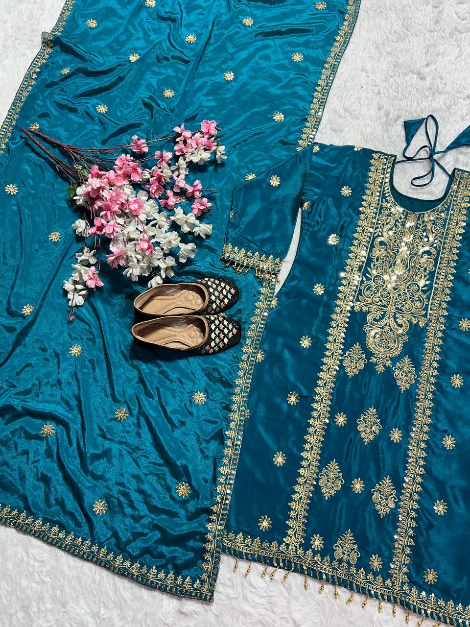 Attractive Heavy Work Teal Blue Color Salwar Suit