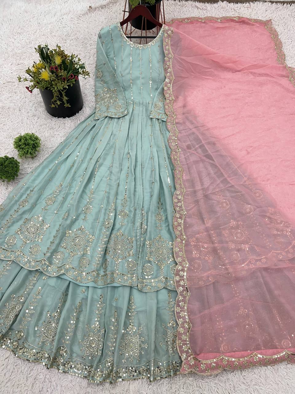 Good Looking Heavy Work Rama Color Top With Lehenga