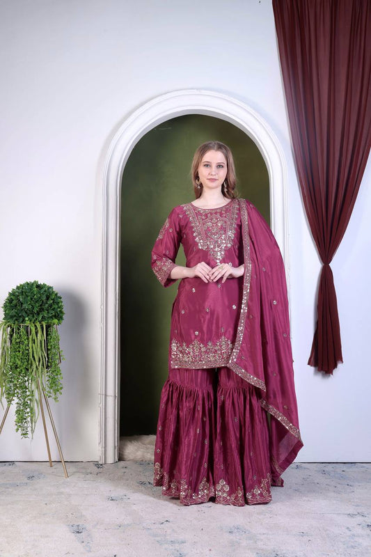 Attractive Heavy Work Wine Color Sharara Suit