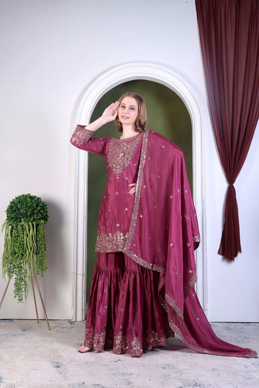 Attractive Heavy Work Wine Color Sharara Suit