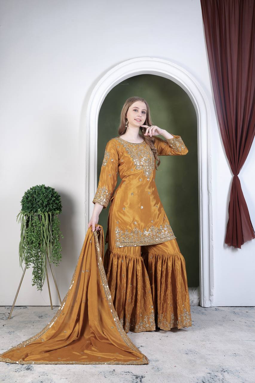 Attractive Heavy Work Mustard Color Sharara Suit