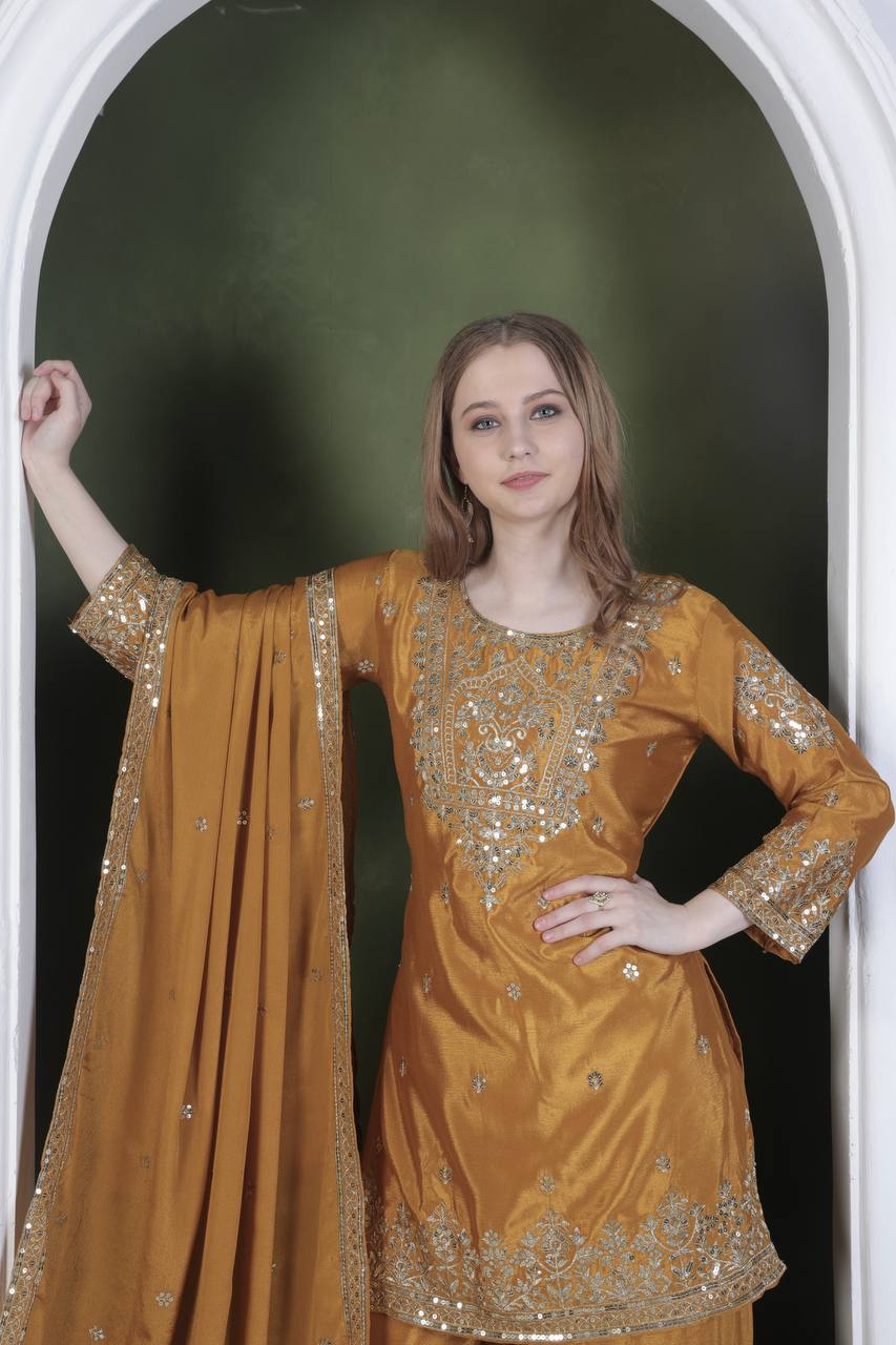 Attractive Heavy Work Mustard Color Sharara Suit