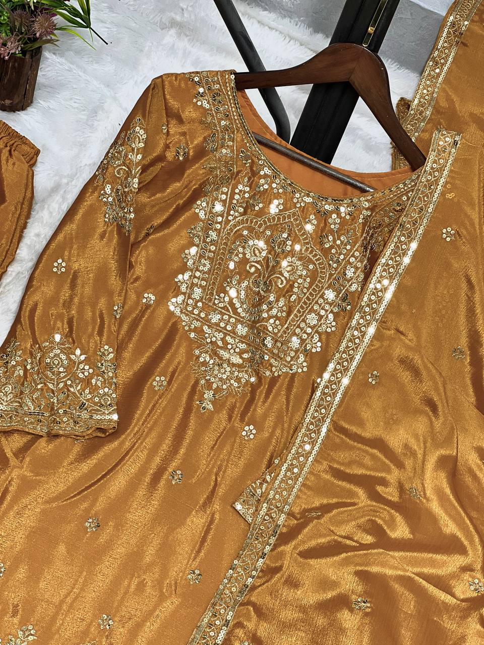 Attractive Heavy Work Mustard Color Sharara Suit