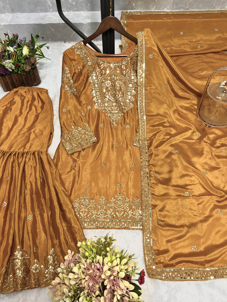 Attractive Heavy Work Mustard Color Sharara Suit