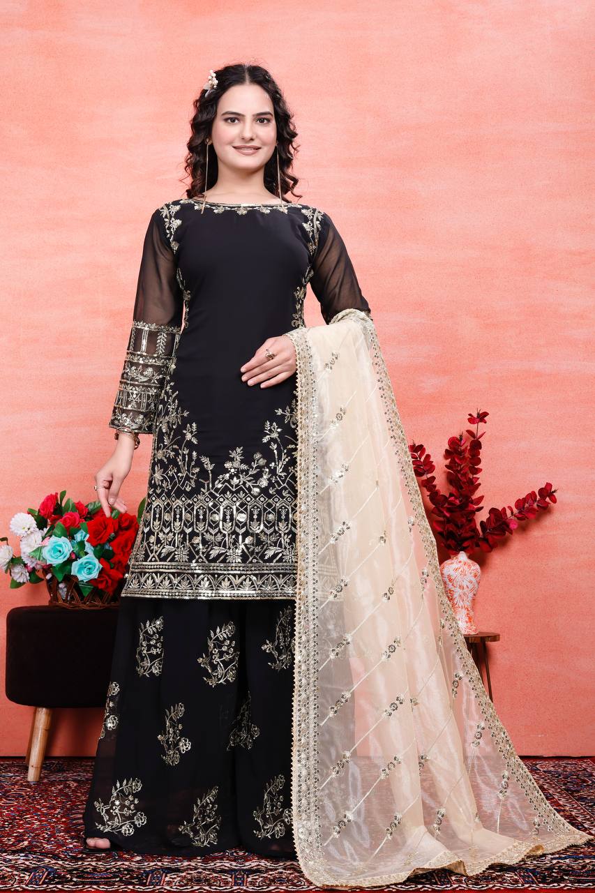 Delightful Heavy Work Black Color Sharara Suit