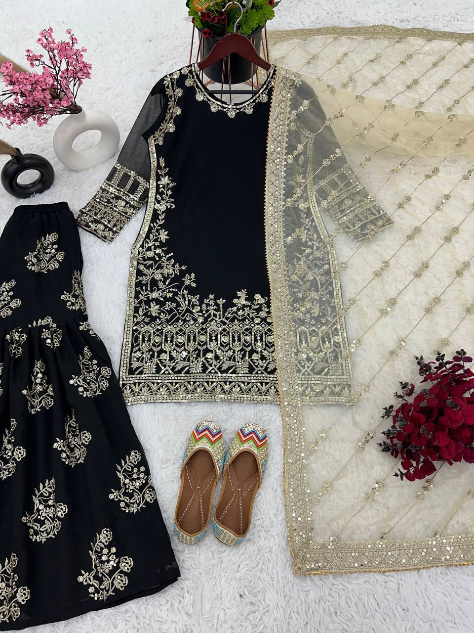 Delightful Heavy Work Black Color Sharara Suit