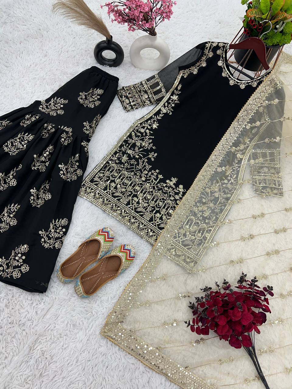 Delightful Heavy Work Black Color Sharara Suit