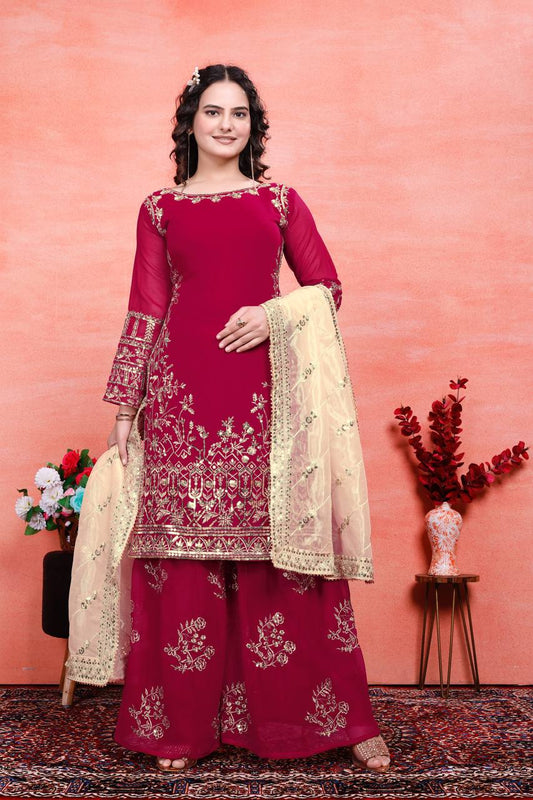 Delightful Heavy Work Red Color Sharara Suit