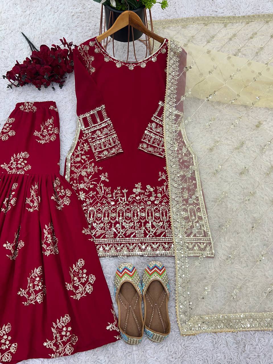 Delightful Heavy Work Red Color Sharara Suit