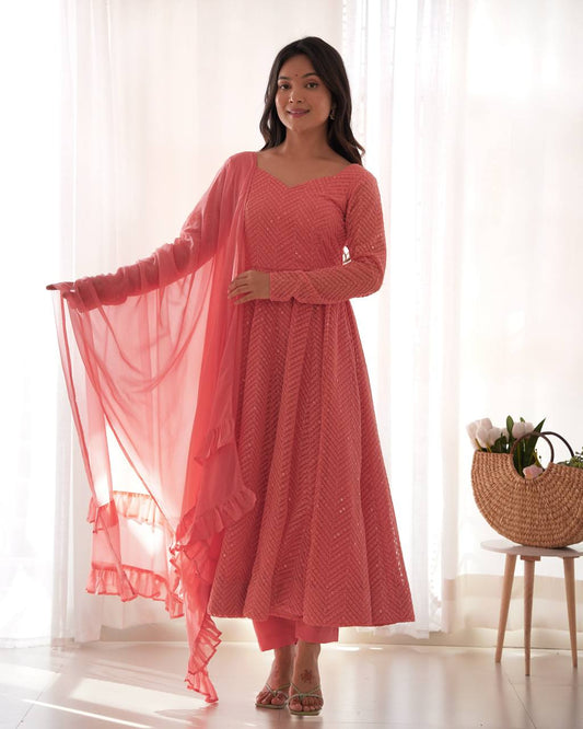 Pretty Sequence Work Peach Color Anarkali Suit