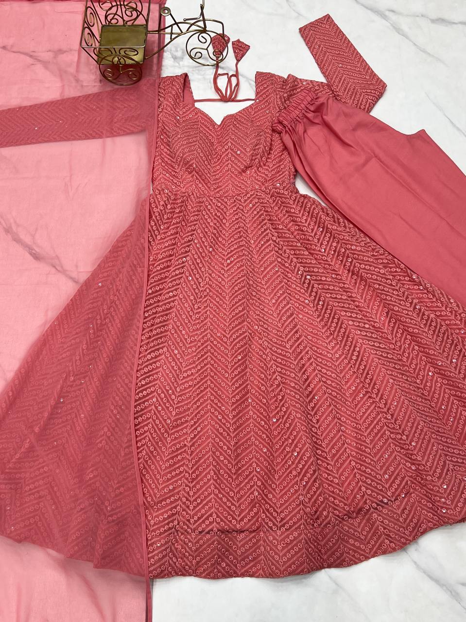 Pretty Sequence Work Peach Color Anarkali Suit