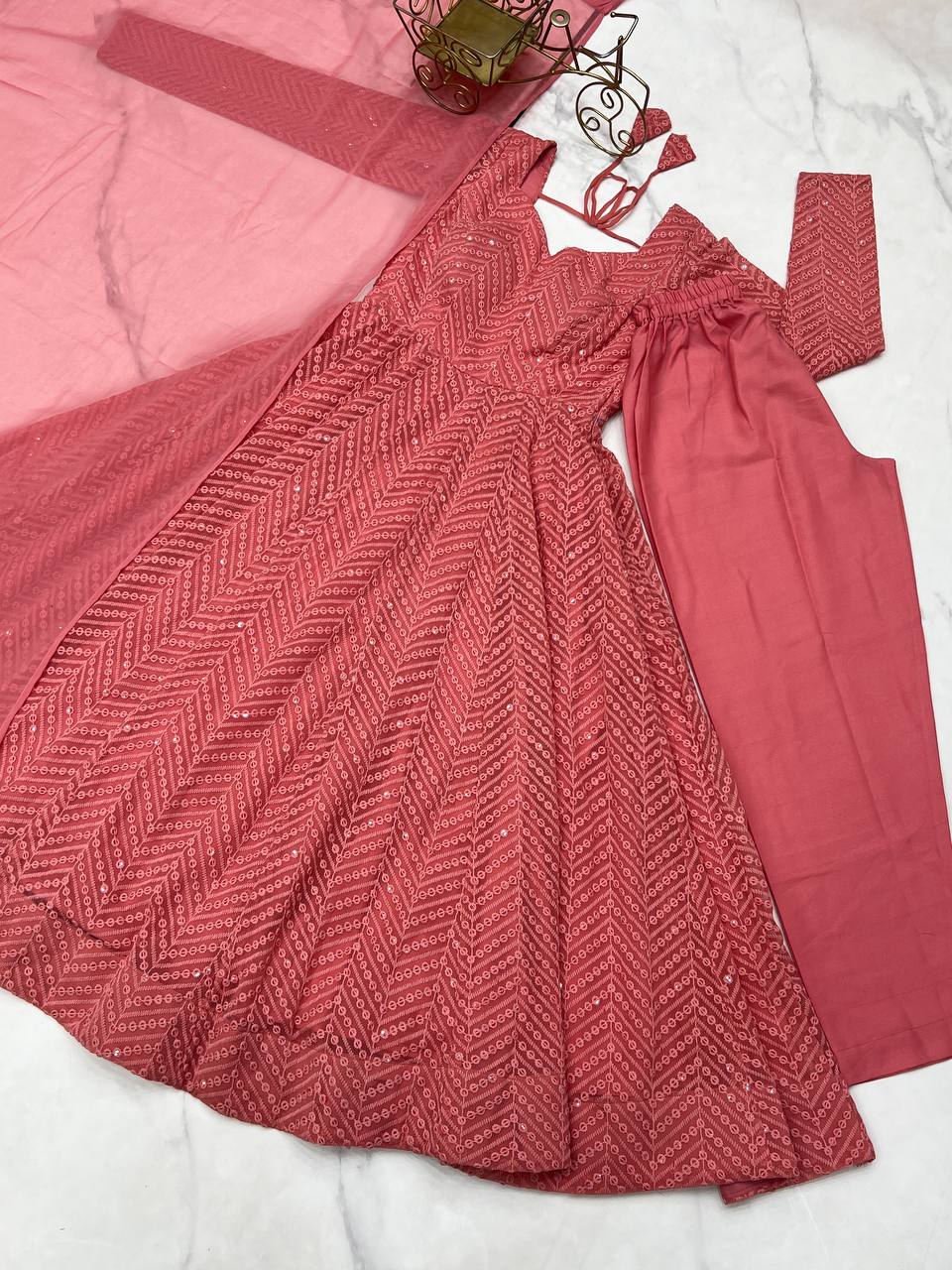 Pretty Sequence Work Peach Color Anarkali Suit