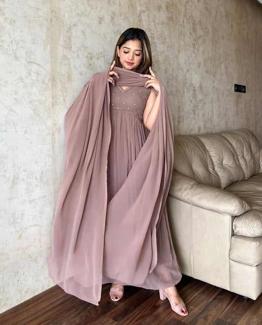 Glorious Embroidery Work Light Pink Color Gown