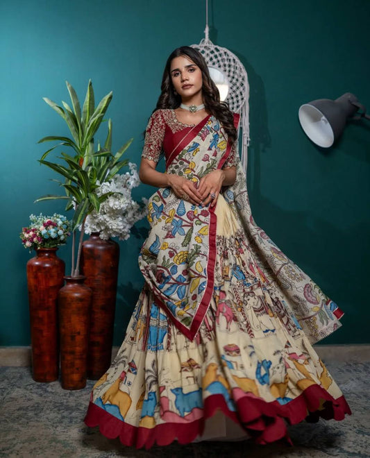 Delightful Kalamkari Print Off White Color Lehenga Choli