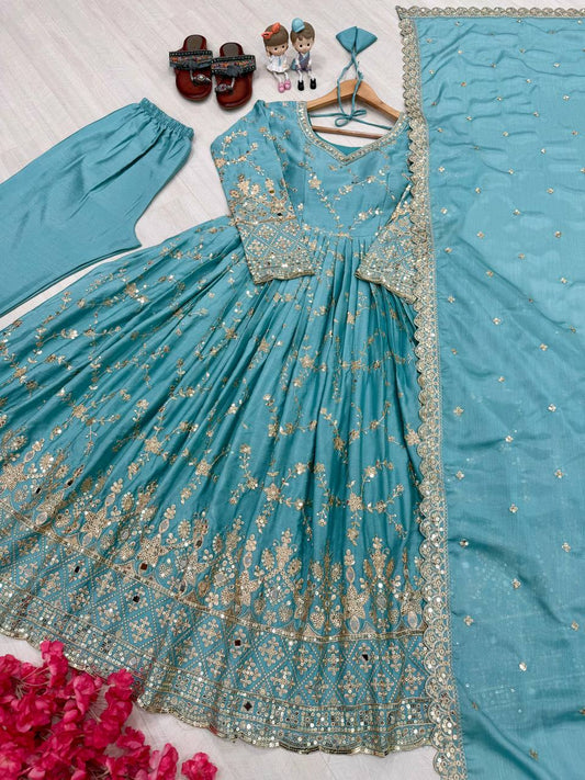 Outstanding Sequence Work Sky Blue Color Anarkali Gown
