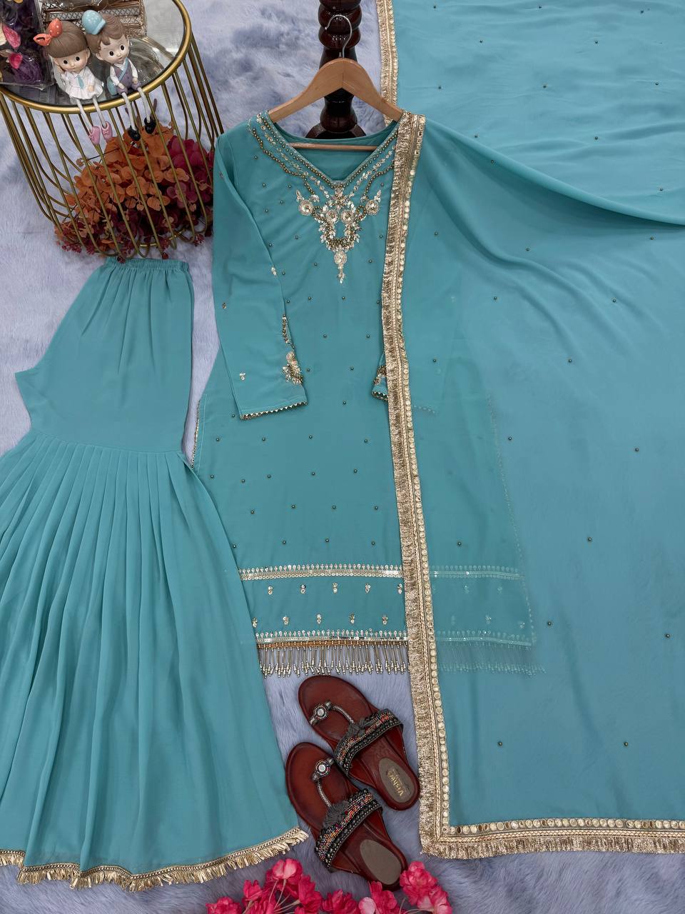 Glorious Sequence Work Sky Color Palazzo Suit