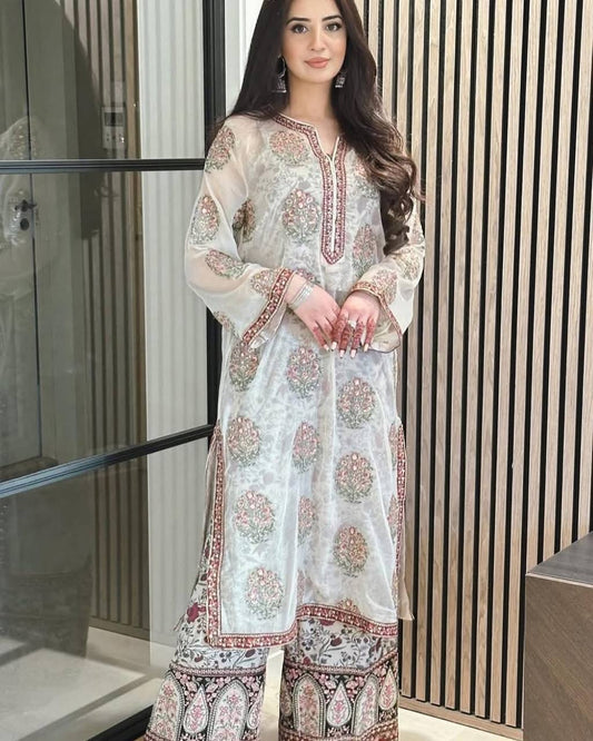 Peaceful Digital Print White Color Palazzo Suit