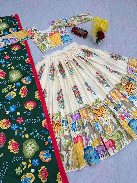 Traditional Wear Kalamkari Print Cream Color Lehenga Choli