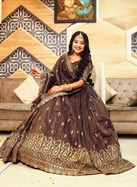 Occasion Wear Heavy Work Brown Color Lehenga Choli