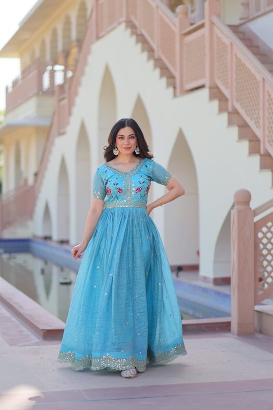 Preferable Embroidery Work Sky Blue Color Gown