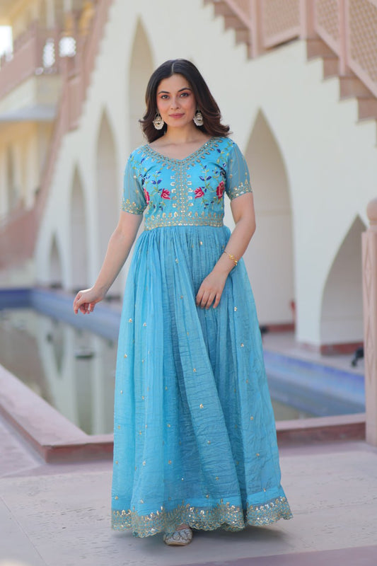 Preferable Embroidery Work Sky Blue Color Gown