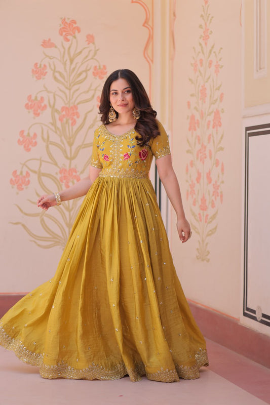Preferable Embroidery Work Mustard Color Gown